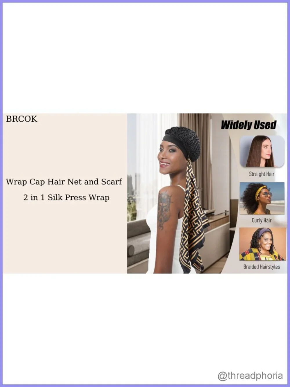 2 in 1 Silk Press Wrap Satin Scarf Hair Net Cap No Marks Stretch